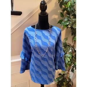 Chico's Popover Blouse Women's XL Blue Textured Wave Ruffle Trim Boat 3/4 Sleeve